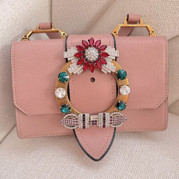 RARE Miu Miu Crystal Embellished Crossbody Bag Pink Leather with Multicolor - Picture 3 of 16